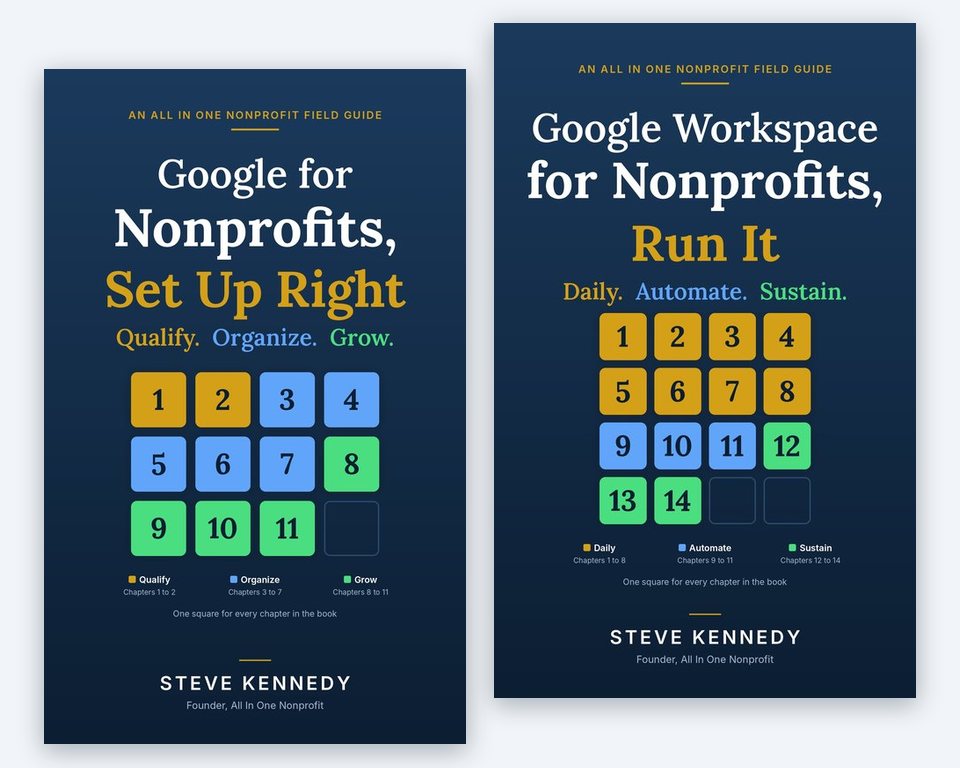 Covers of Google for Nonprofits, Set Up Right and Google Workspace for Nonprofits, Run It by Steve Kennedy