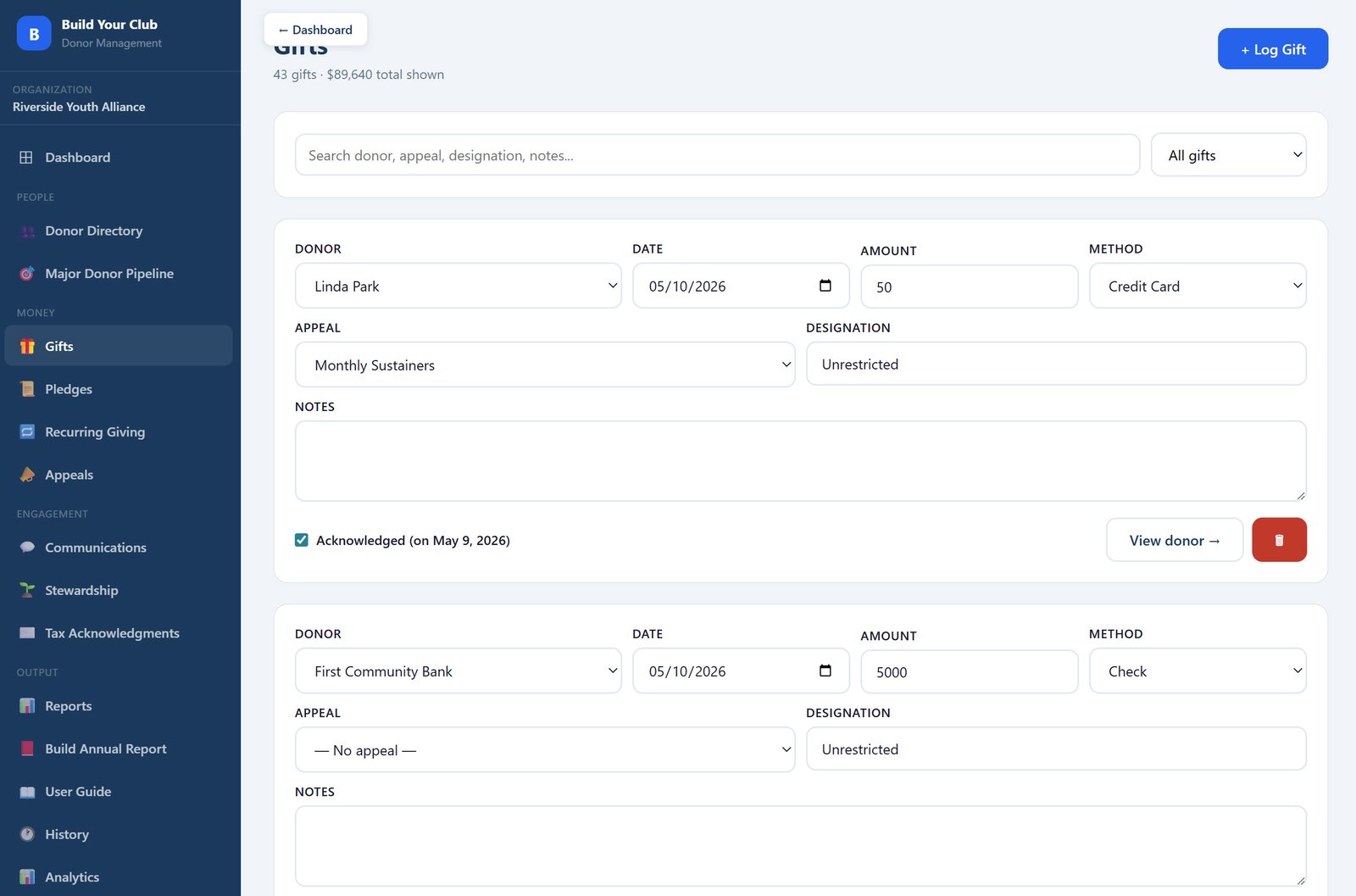 Gifts log, every donation with date, amount, appeal, and acknowledgment status