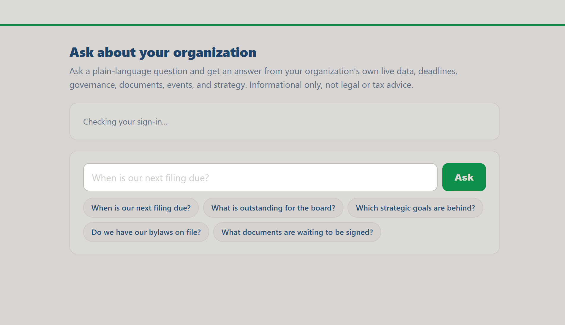 Ask about your organization page with the question box and example question chips