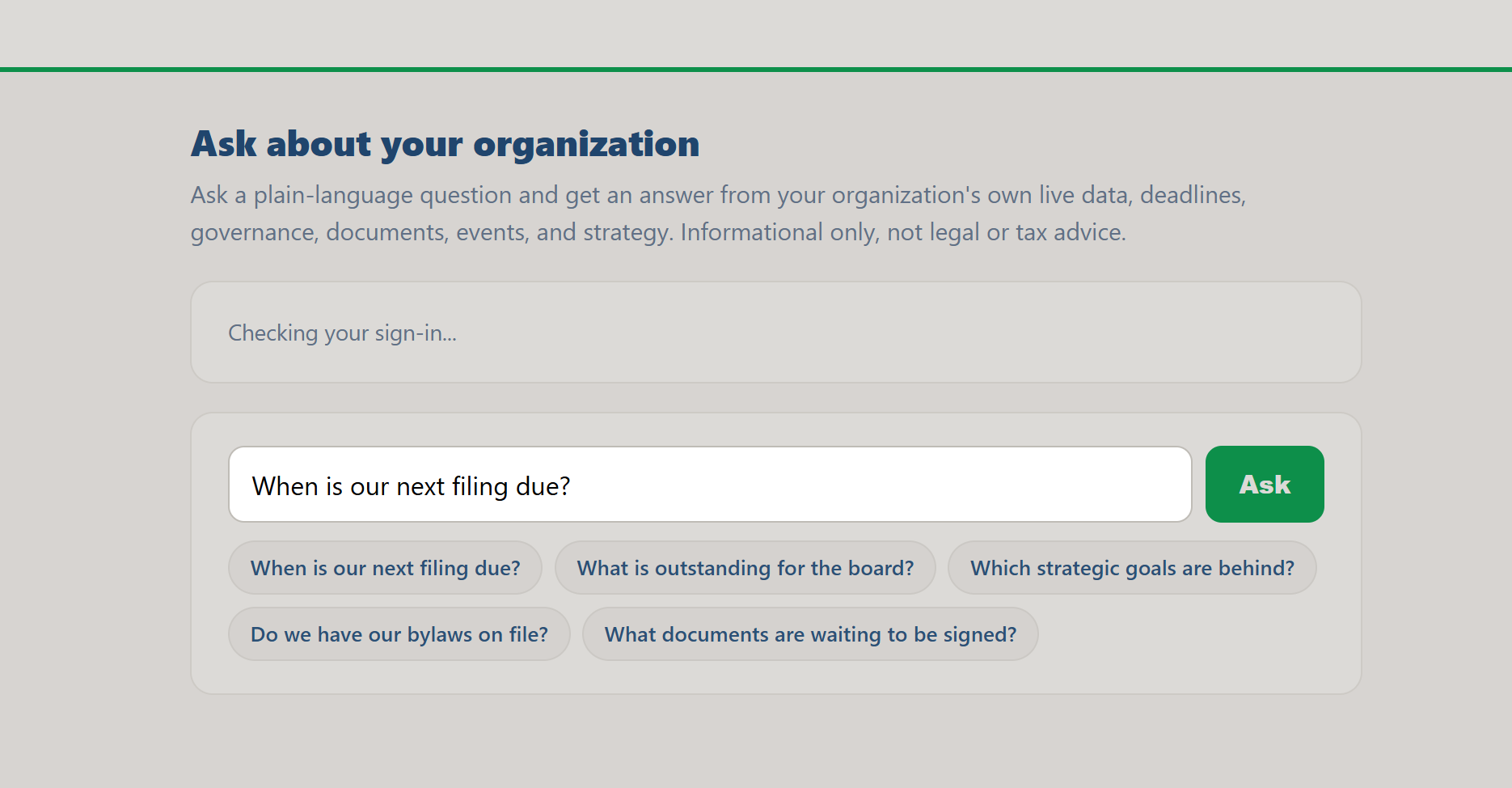 Typing the question When is our next filing due into the assistant