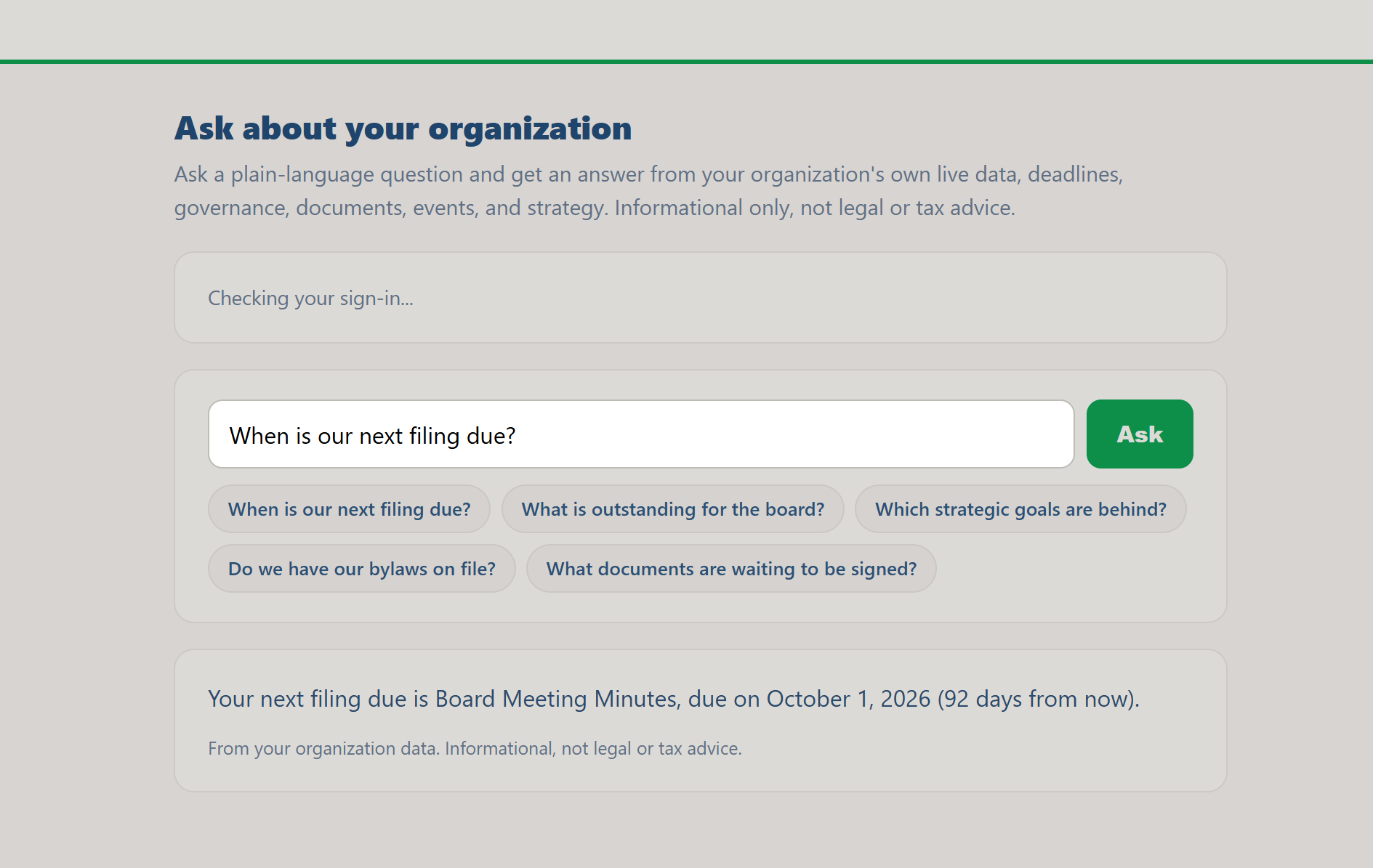 Assistant answer stating the next filing due is Board Meeting Minutes on October 1 2026