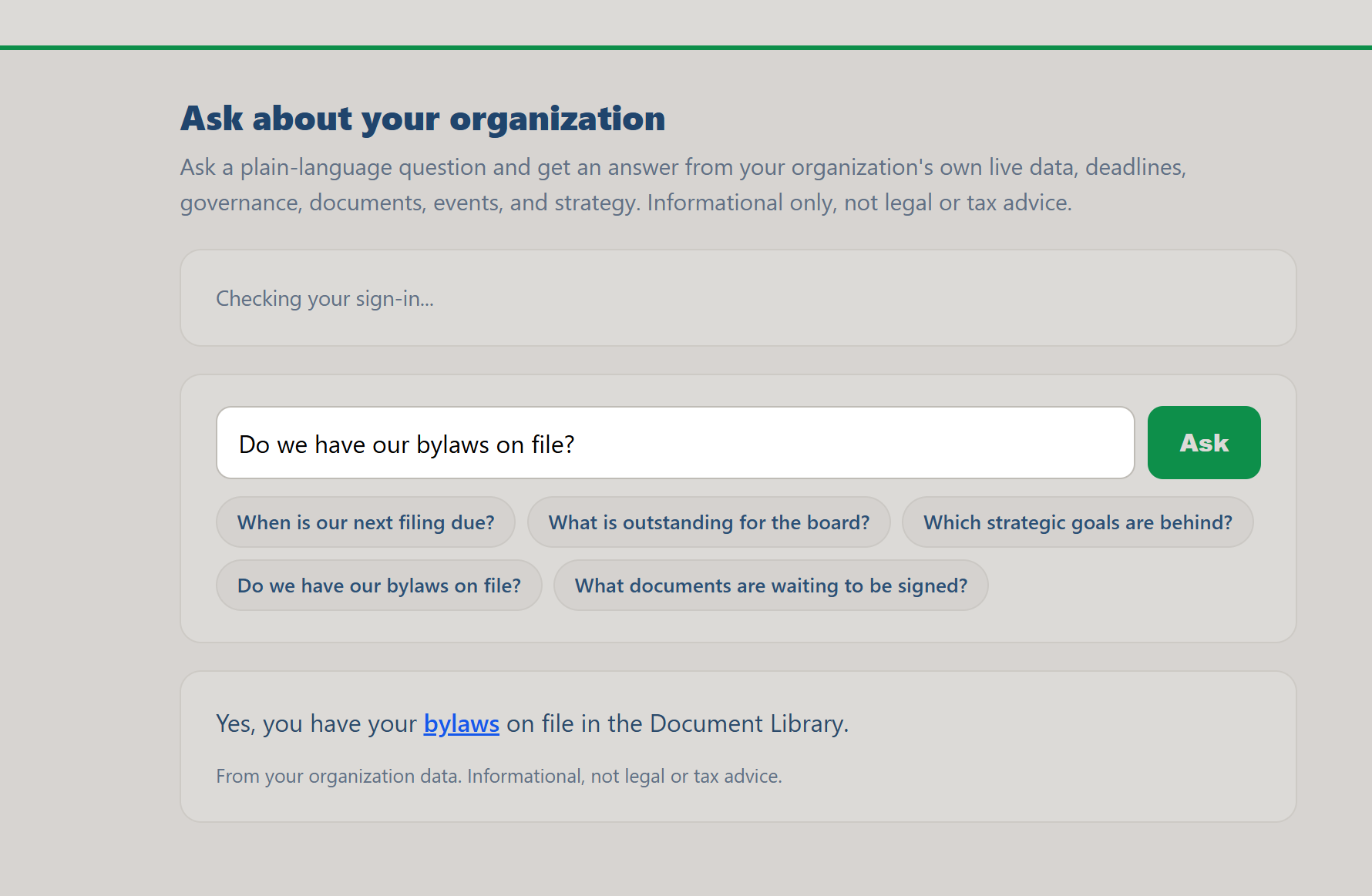 Assistant answer with a clickable bylaws link pointing to the Document Library