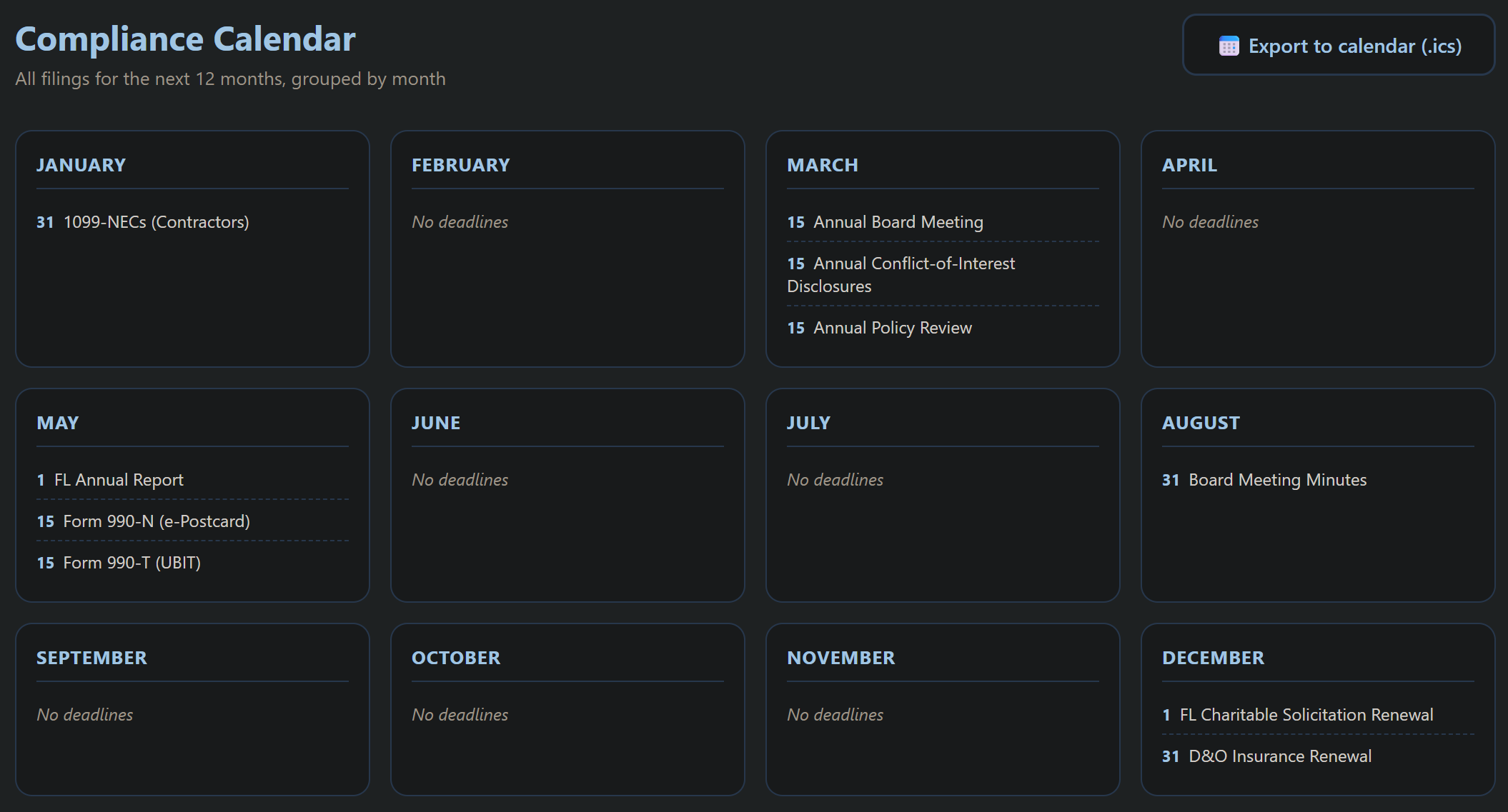 Compliance Tracker calendar