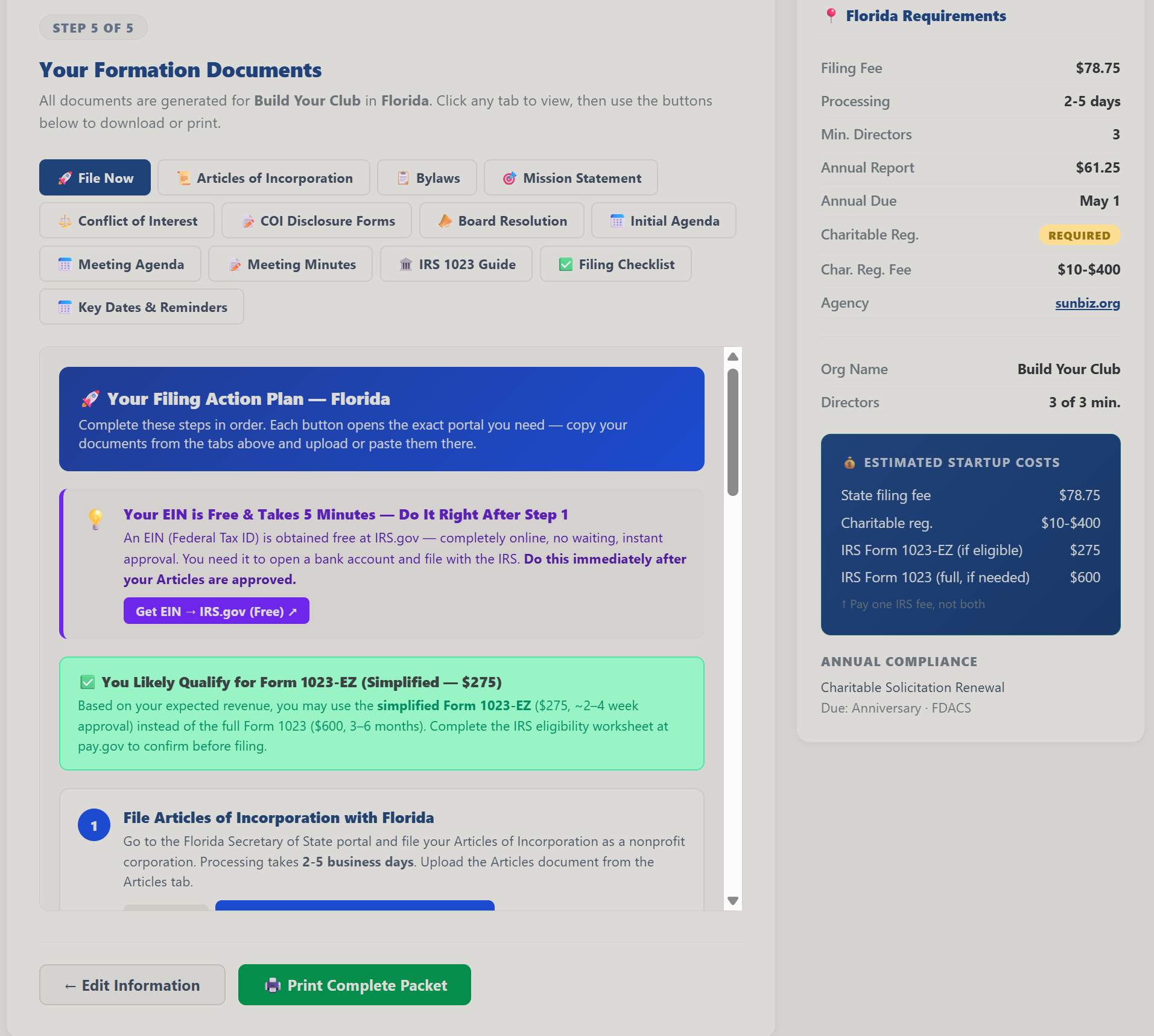 Nonprofit Formation dashboard