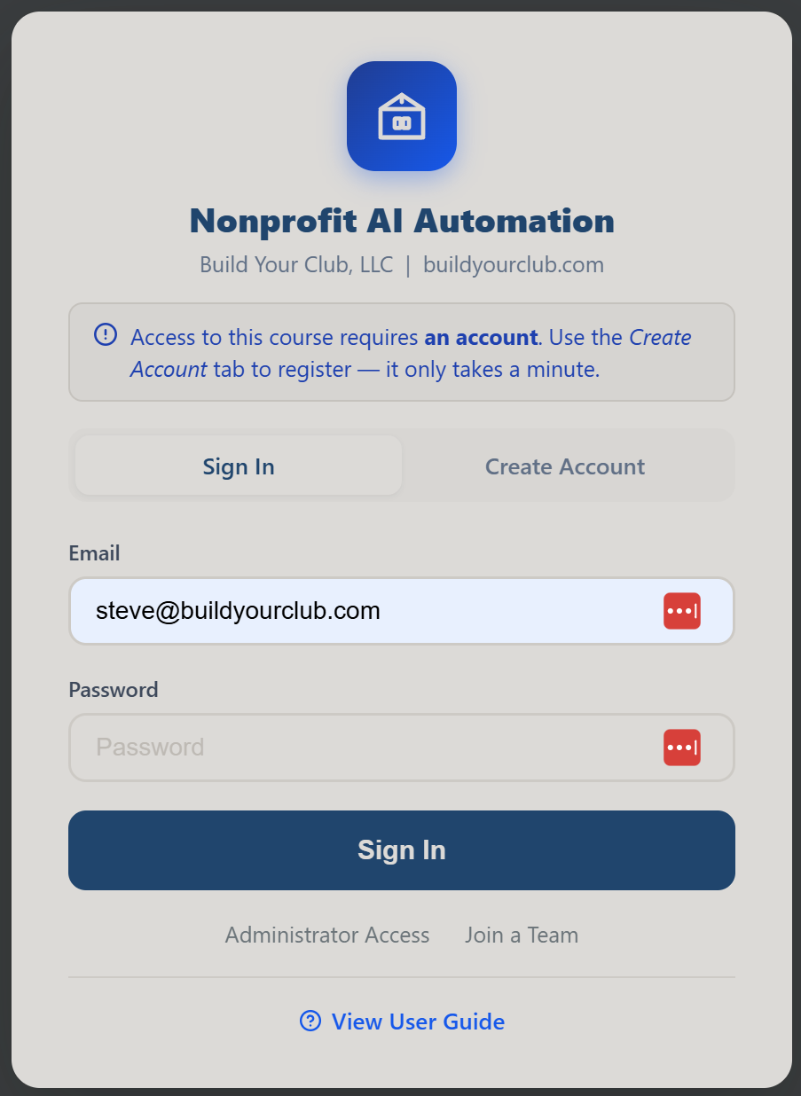 All In One Nonprofit sign-in screen